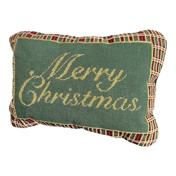 Vintage Merry Christmas Tapestry Throw Accent Pillow 10&quot;x16&quot; Green Pla - Picture 4 of 4